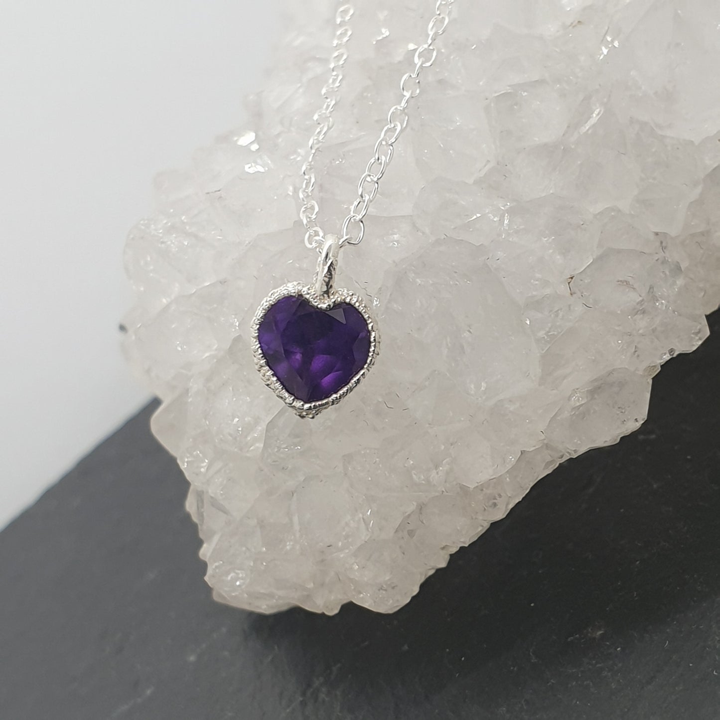 deep purple amethyst heart rustic sterling silver necklace handmade by Jo Cooper in the UK