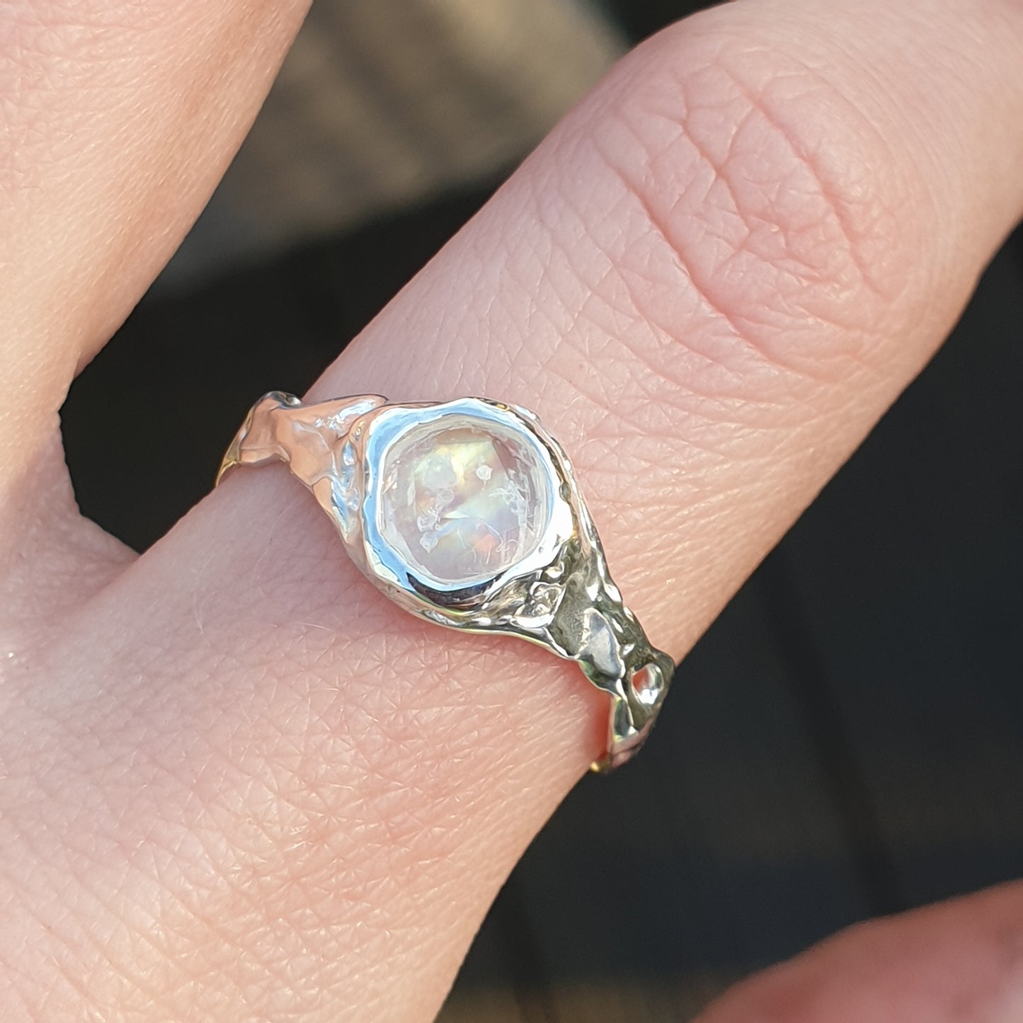 rainbow moonstone molten sterling silver freeform ring