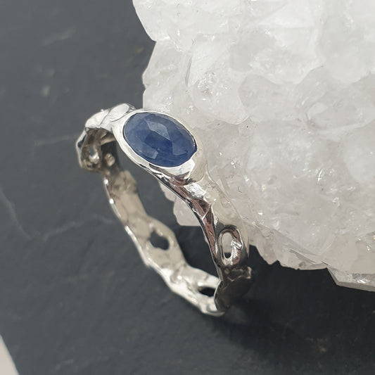 molten sterling silver ring with rose cut oval natural blue sapphire