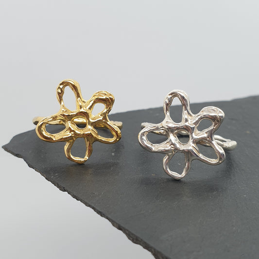 molten flower rings gold and silver