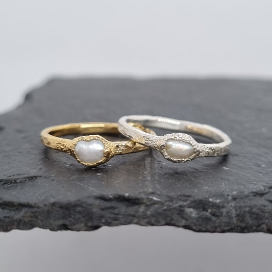 freshwater pearl gold and silver rings rustic style by Jo Cooper Jewellery