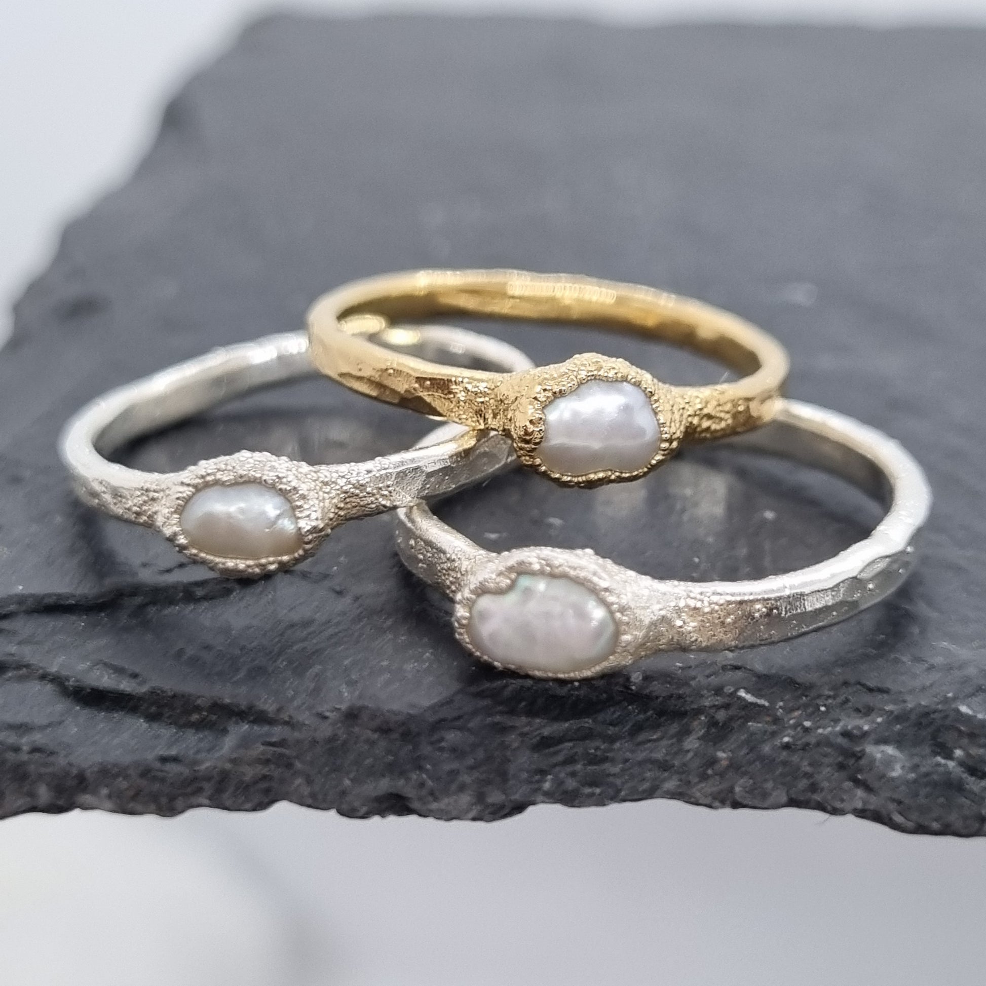 freshwater pearl gold plated and sterling silver rings electroformed by Jo Cooper Jewellery