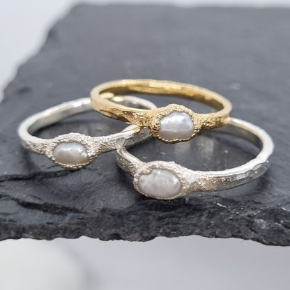 freshwater pearl gold plated and sterling silver rings electroformed by Jo Cooper Jewellery