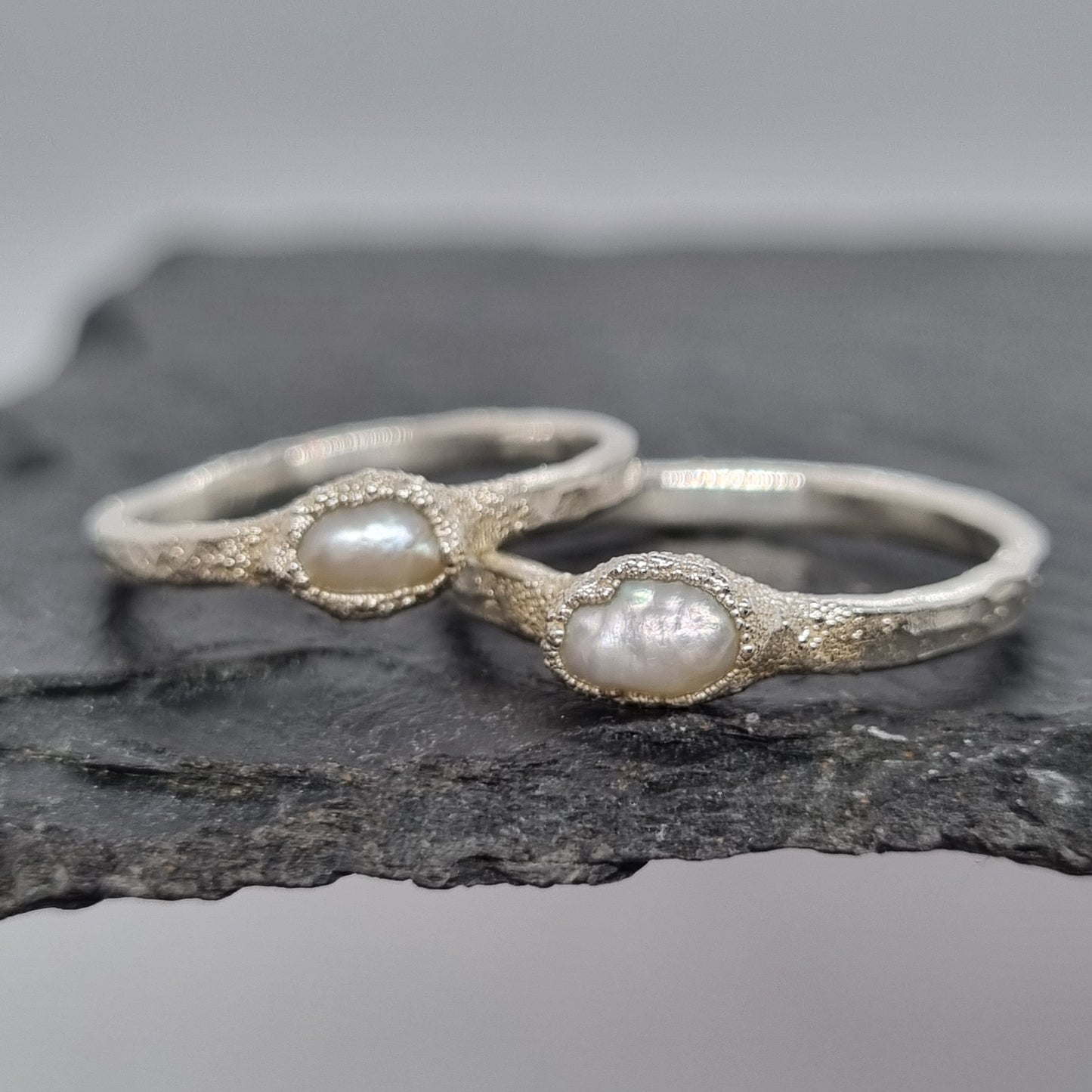 baroque freshwater pearl sterling silver rings rustic style by Jo Cooper Jewellery