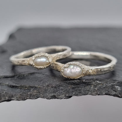 baroque freshwater pearl sterling silver rings rustic style by Jo Cooper Jewellery