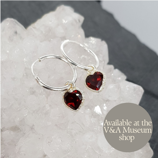 faceted garnet heart sterling silver hoop earrings. Handmade by Jo Cooper. Also available at the V&A museum shop in London, UK.