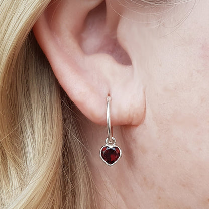 Garnet Heart Sterling Silver Hoop Earrings