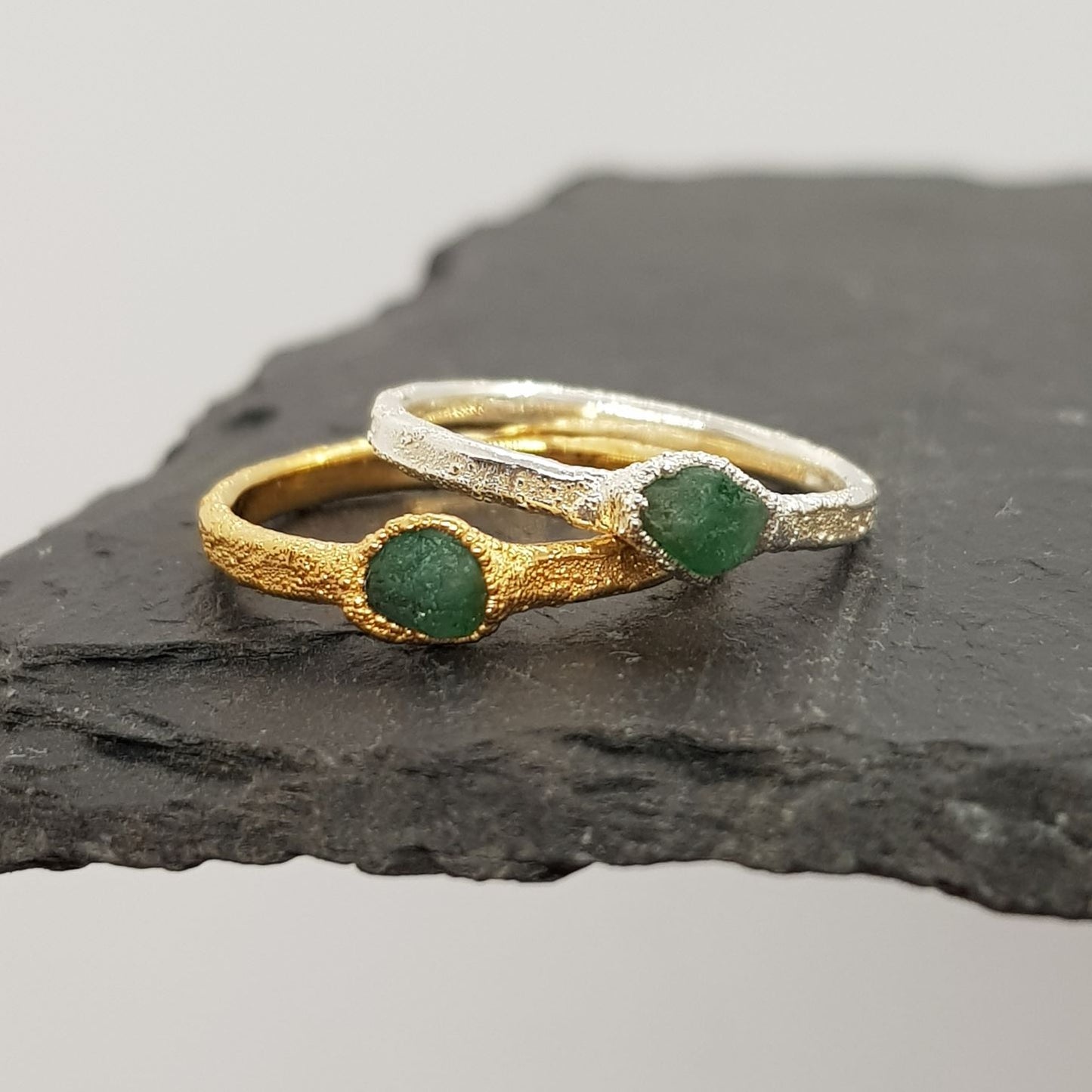 rough emerald silver and gold ring