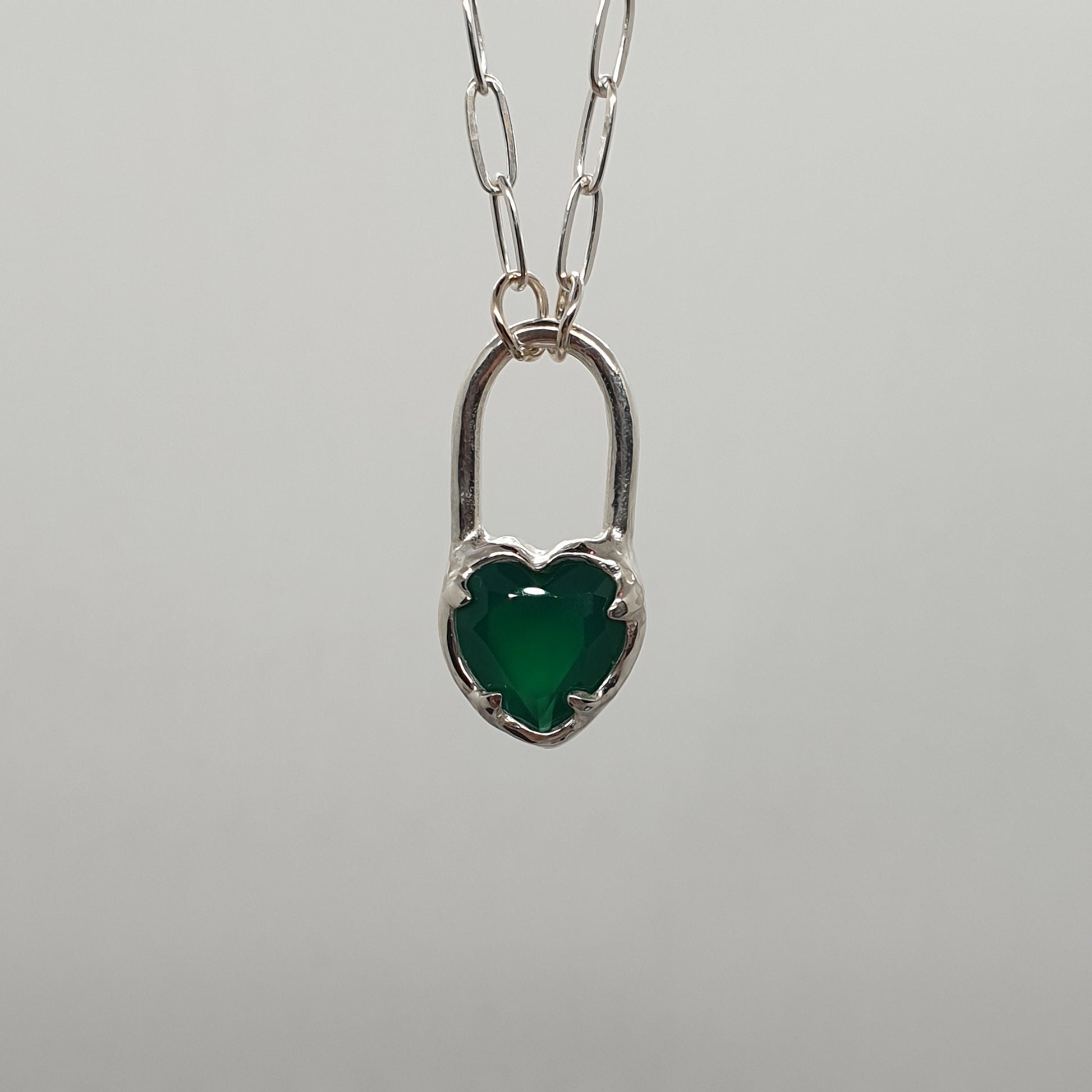 green onyx faceted heart lock necklace in sterling silver