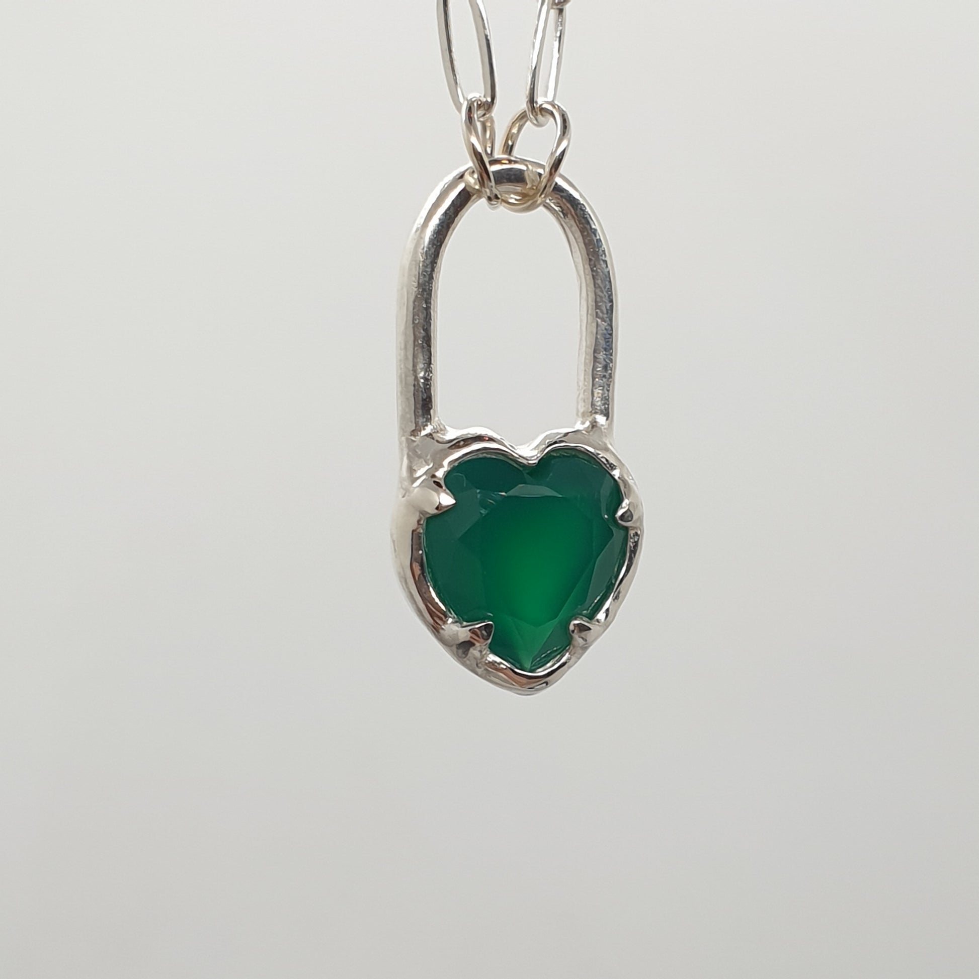 green agate heart lock necklace in sterling silver