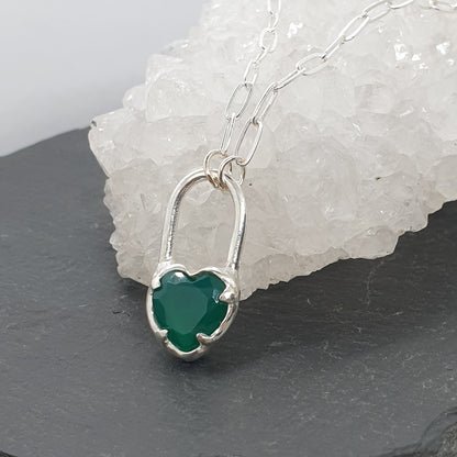 green agate heart lock necklace in sterling silver made by Jo Cooper Jewellery