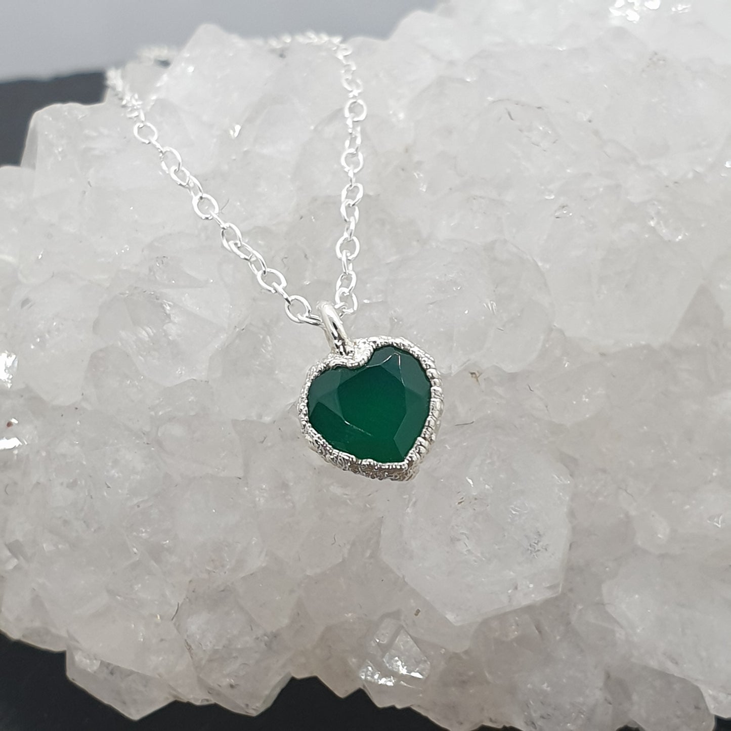 green onyx gemstone heart sterling silver necklace handmade by Jo Cooper