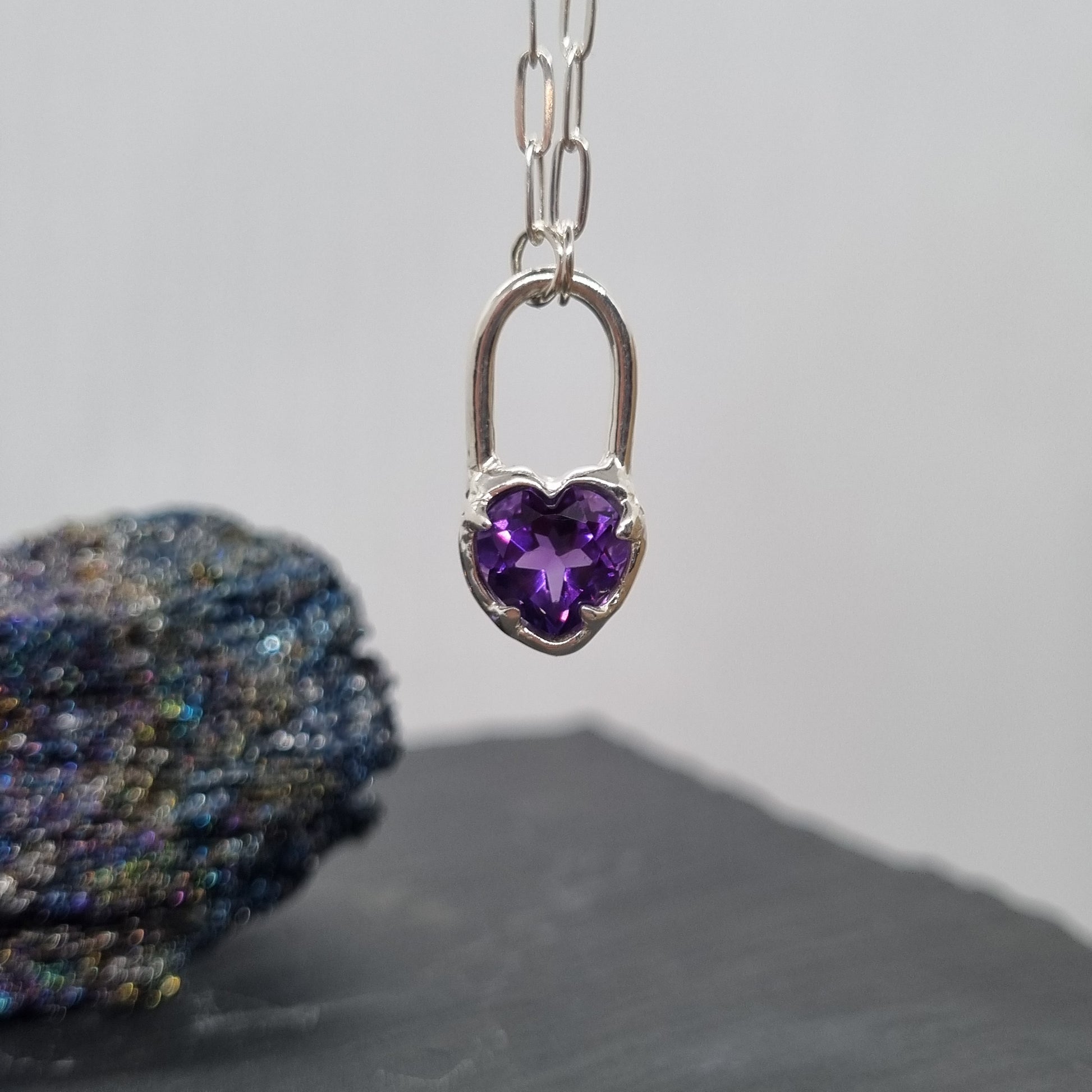 sterling silver heart lock necklace with deep amethyst handmade by Jo Cooper Jewellery