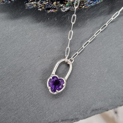 sterling silver heart lock necklace with dark amethyst handmade by Jo Cooper Jewellery