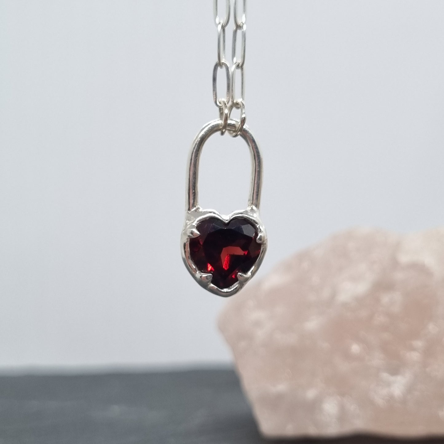 heart lock necklace sterling silver with Mozambique red garnet handmade by Jo Cooper