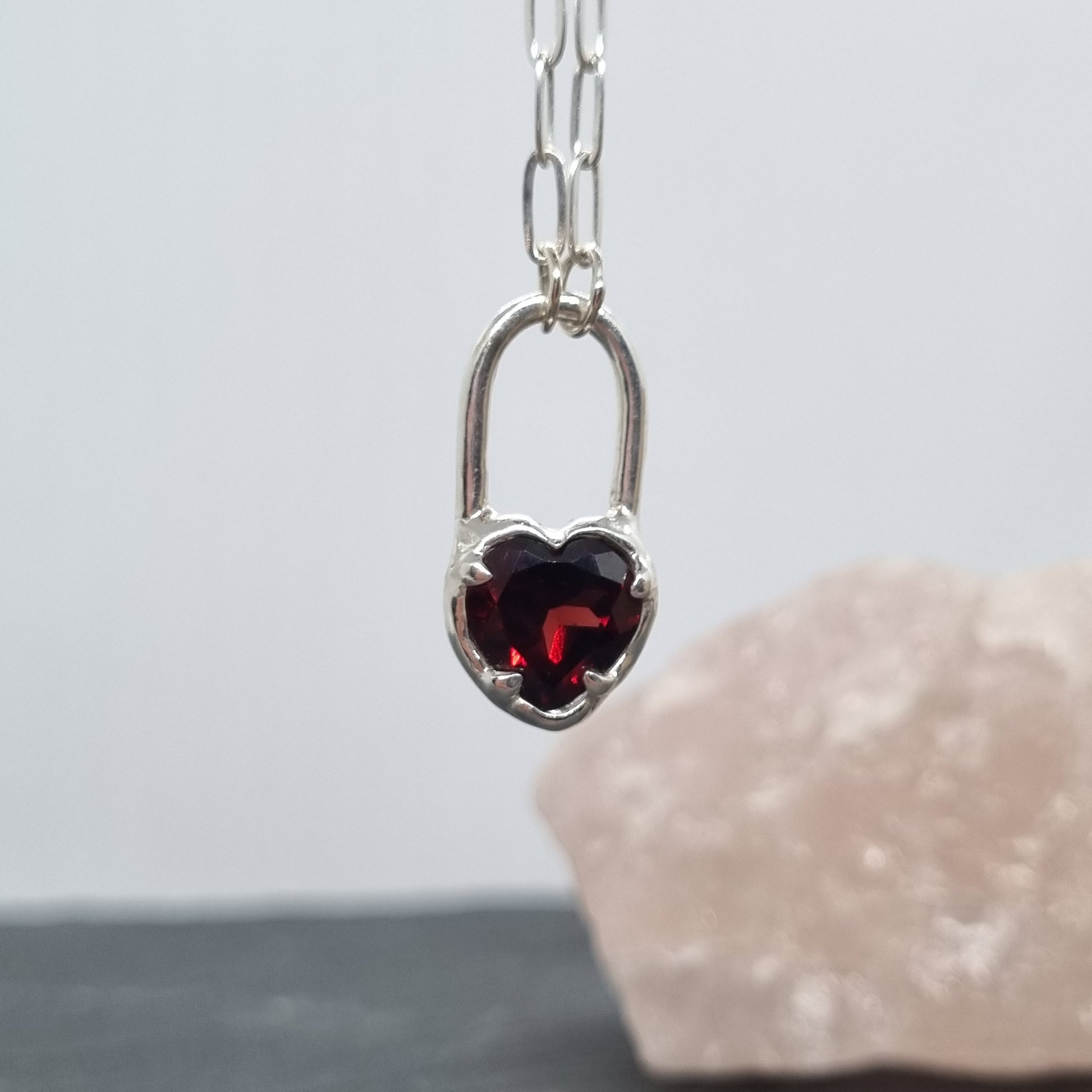 heart lock necklace sterling silver with Mozambique red garnet handmade by Jo Cooper