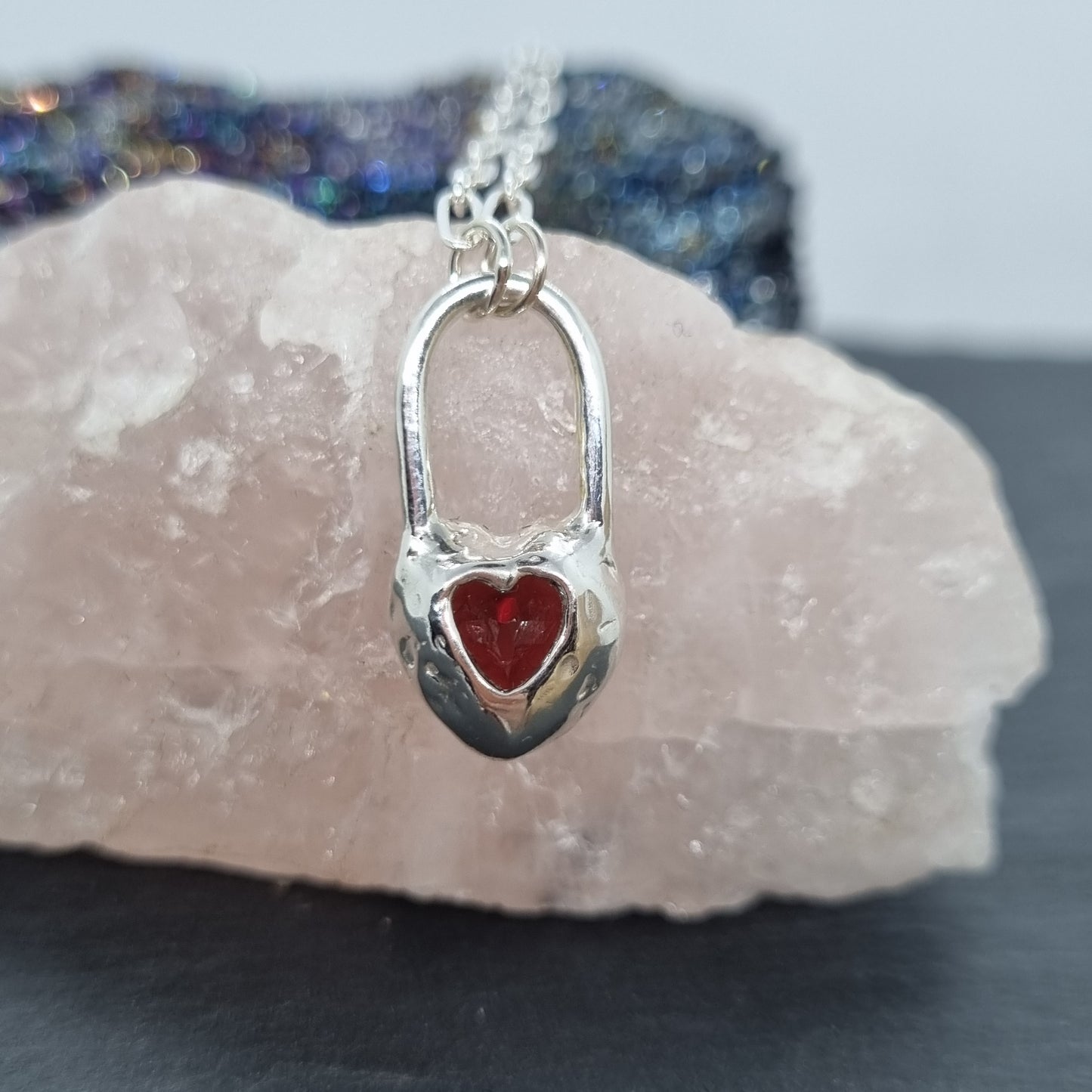 back of heart lock necklace sterling silver with natural red garnet handmade by Jo Cooper