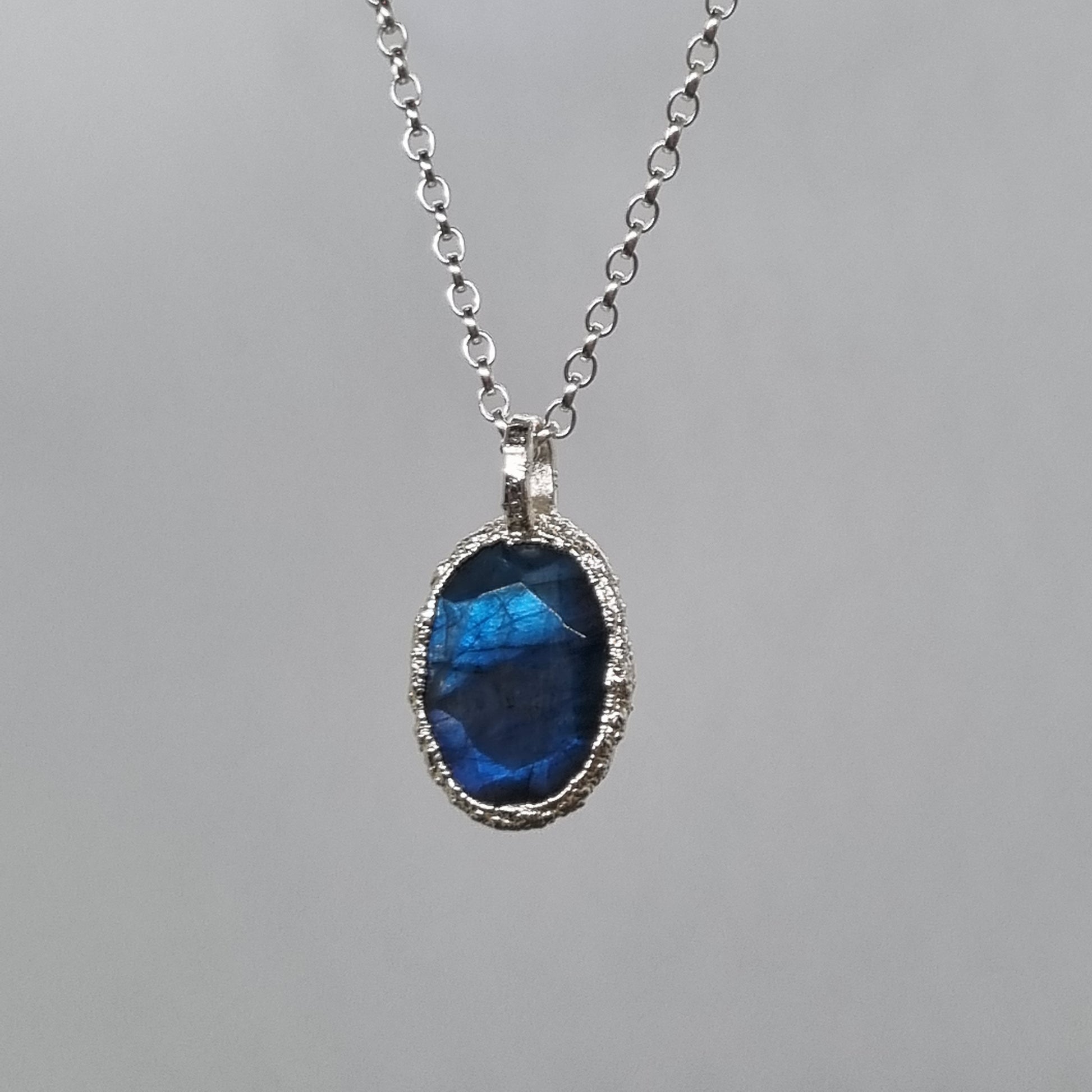 oval labradorite sterling silver pebble necklace handmade by Jo Cooper Jewellery