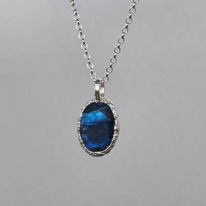 oval labradorite sterling silver pebble necklace handmade by Jo Cooper Jewellery