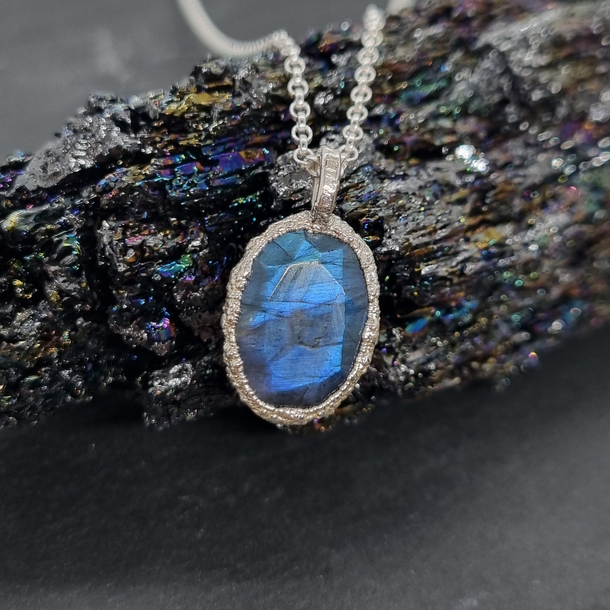 oval labradorite textured sterling silver pebble necklace handmade by Jo Cooper Jewellery