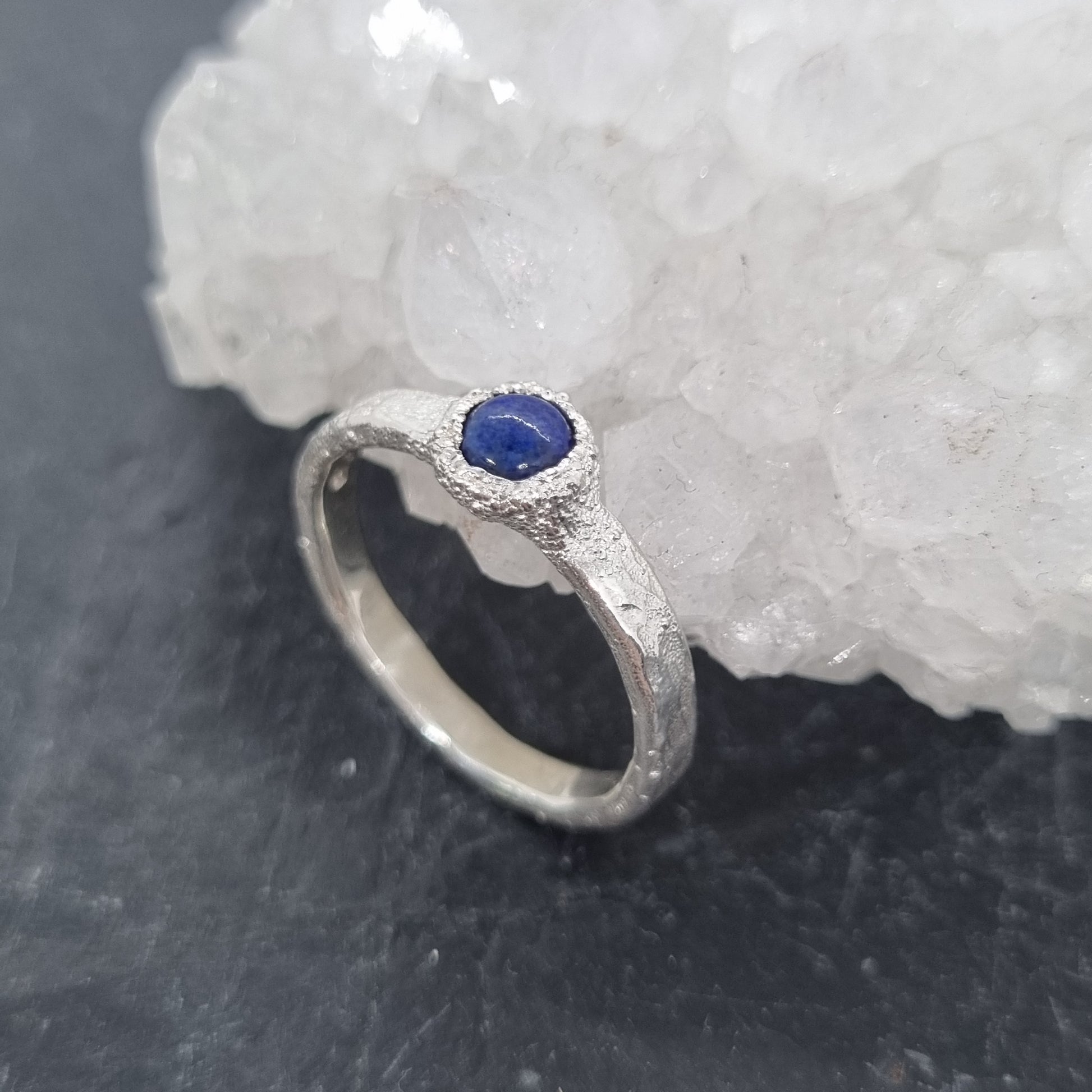 sterling silver textured ring with blue lapis lazuli gemstone