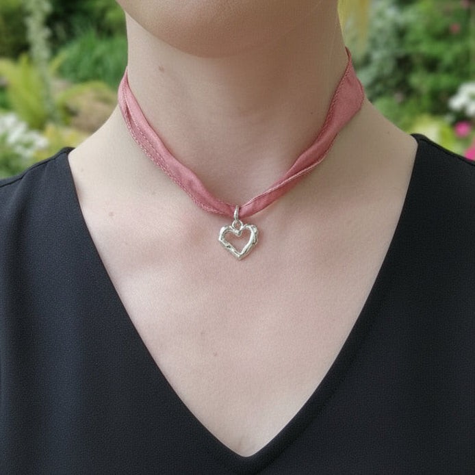 Silk Ribbon Melting Heart Necklace