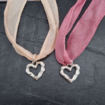 Silk Ribbon Melting Heart Necklace