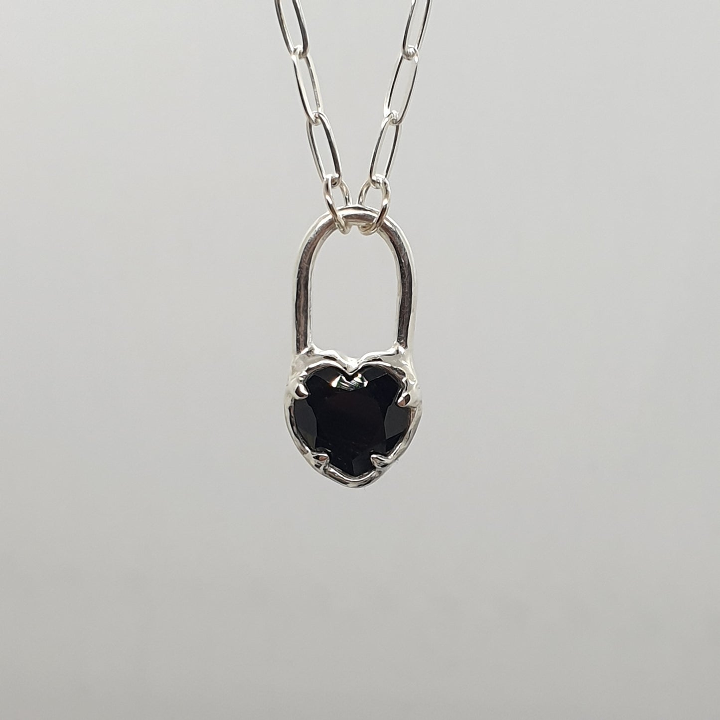 sterling silver black spinel heart lock necklace