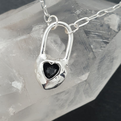 molten black spinel heart lock necklace back secret cut out heart