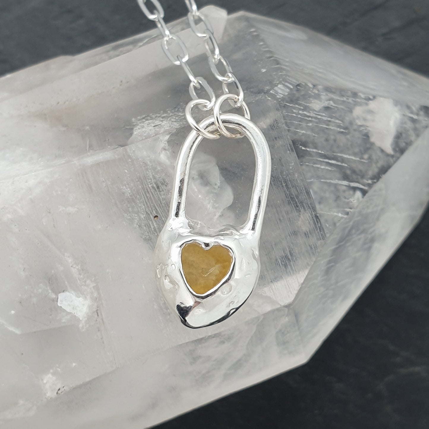 molten citrine heart lock necklace with secret cut out heart on the back