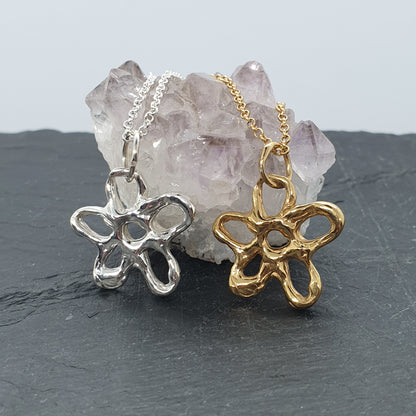 molten flower necklaces sterling silver and 24K gold plated handmade by Jo Cooper