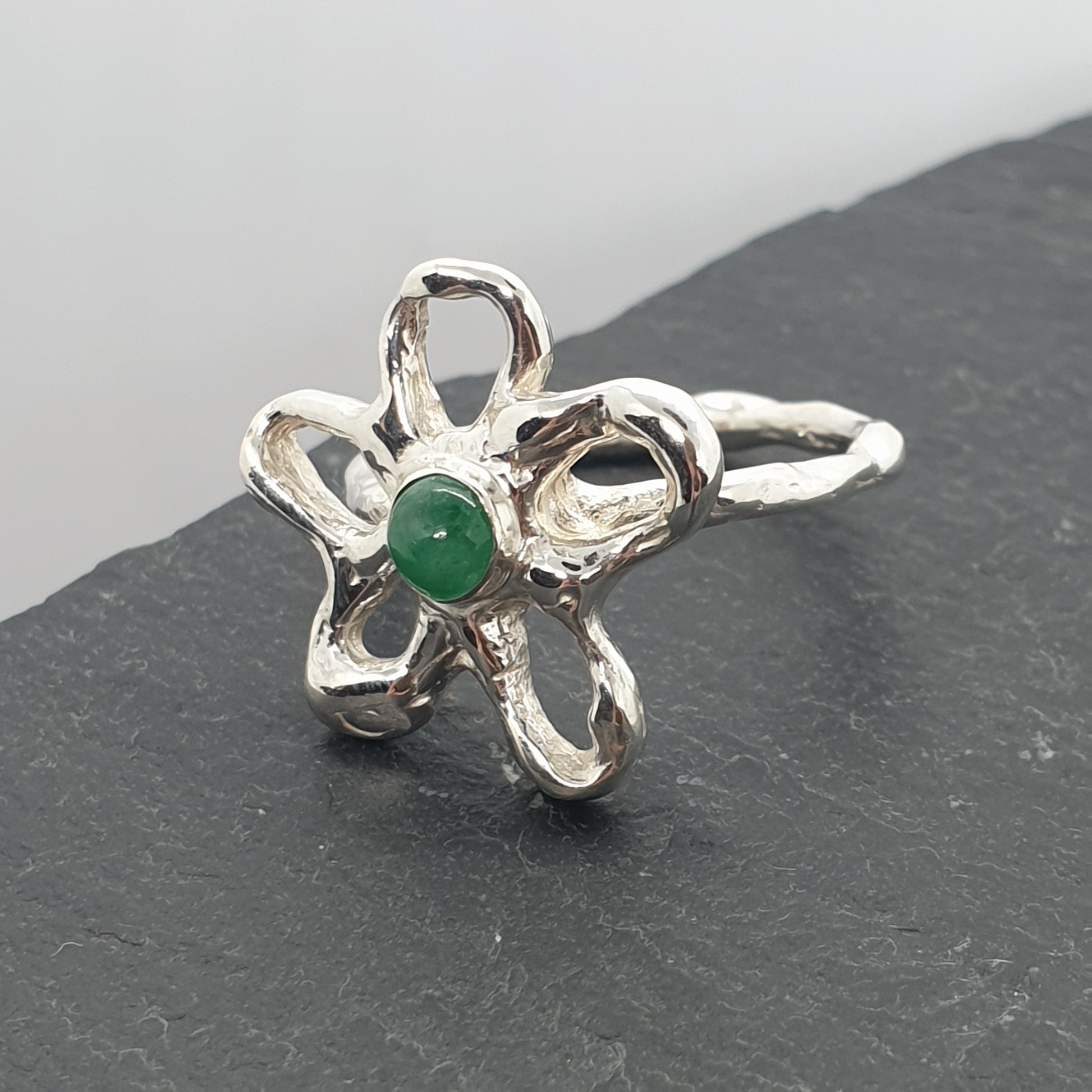 freeform flower ring sterling silver and emerald