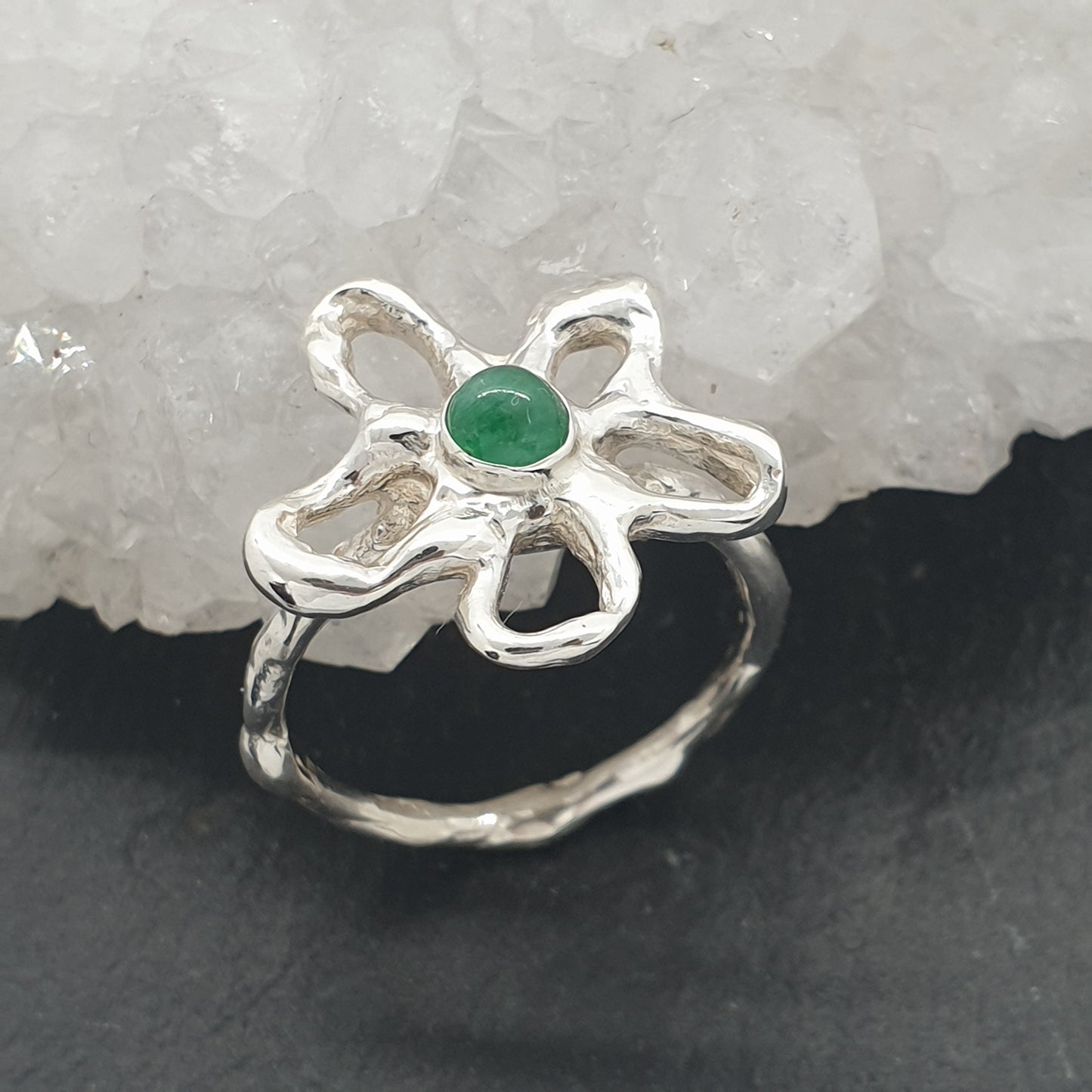 sterling silver flower ring with natural green emerald gemstone cabochon