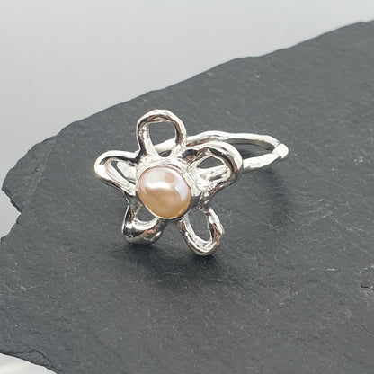 flower sterling silver ring with pink peach baroque freshwater pearl 