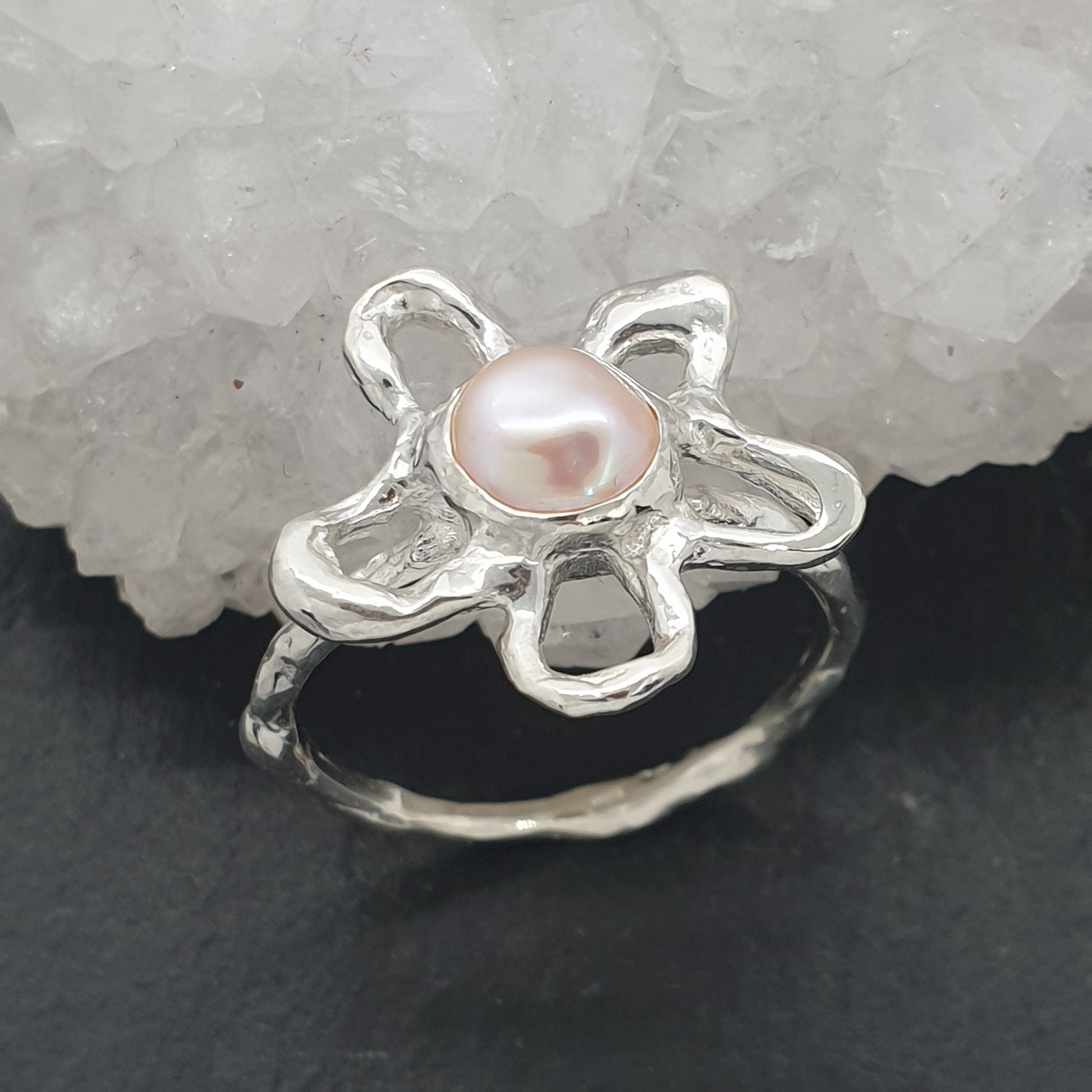 sterling silver flower ring with pink keishi freshwater pearl handmade by Jo Cooper