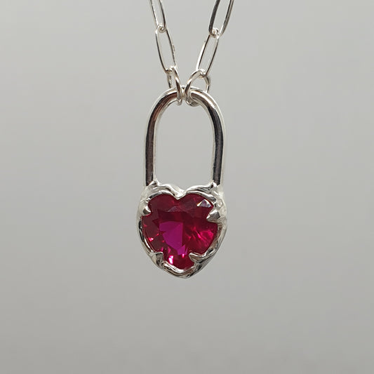 molten sterling silver heart lock necklace with lab grown ruby