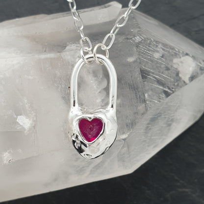 molten silver heart lock necklace with lab grown ruby on rectangle sterling silver chain handmade in the UK secret heart