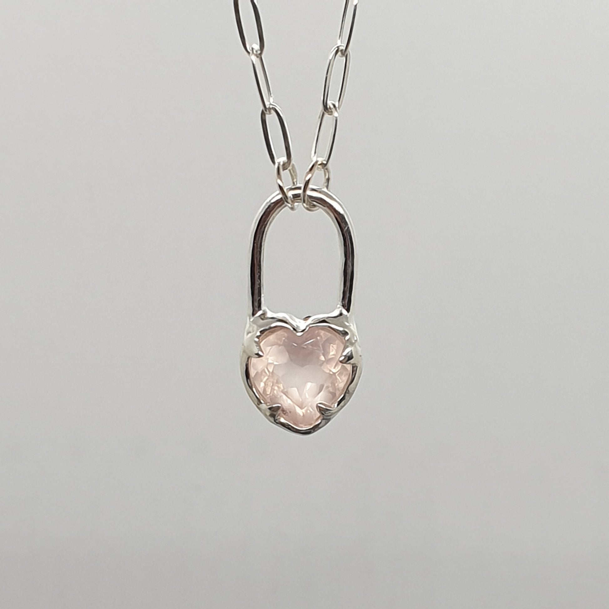 sterling silver molten rose quartz heart lock necklace on a paperclip rectangle long chain