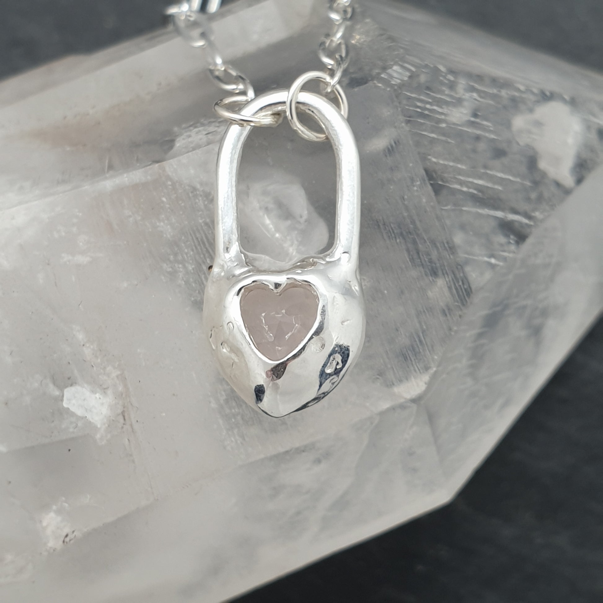 molten rose quartz heart lock necklace secret cut out heart on back