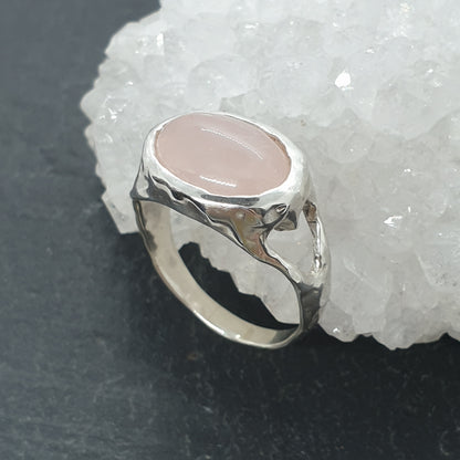 large oval rose quartz cabochon sterling silver ring