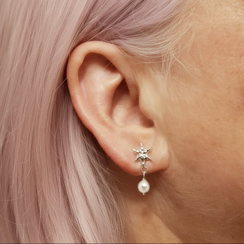 Molten Star Pearl Drop Stud Earrings