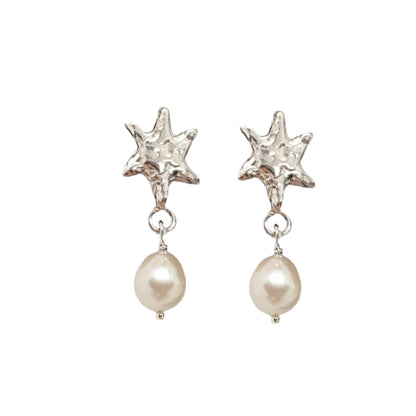 Molten Star Pearl Drop Stud Earrings