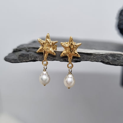 Molten Star Pearl Drop Stud Earrings