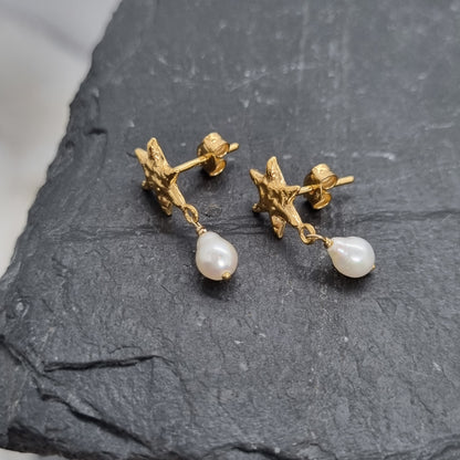 Molten Star Pearl Drop Stud Earrings
