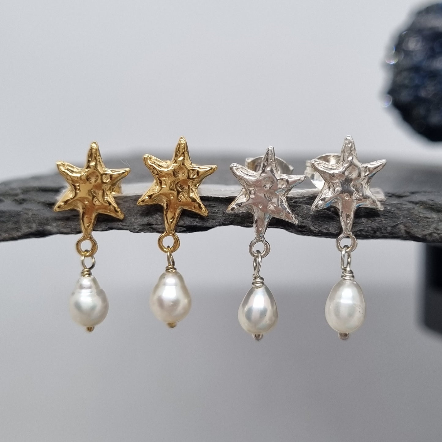 Molten Star Pearl Drop Stud Earrings
