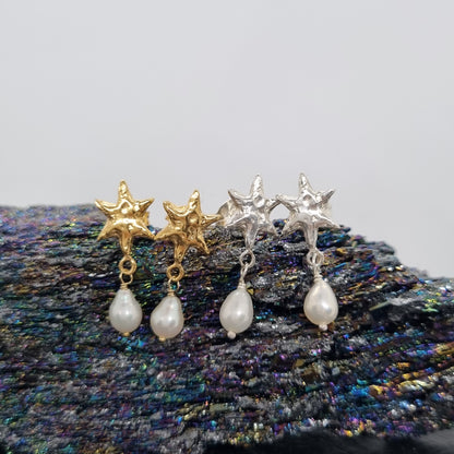Molten Star Pearl Drop Stud Earrings