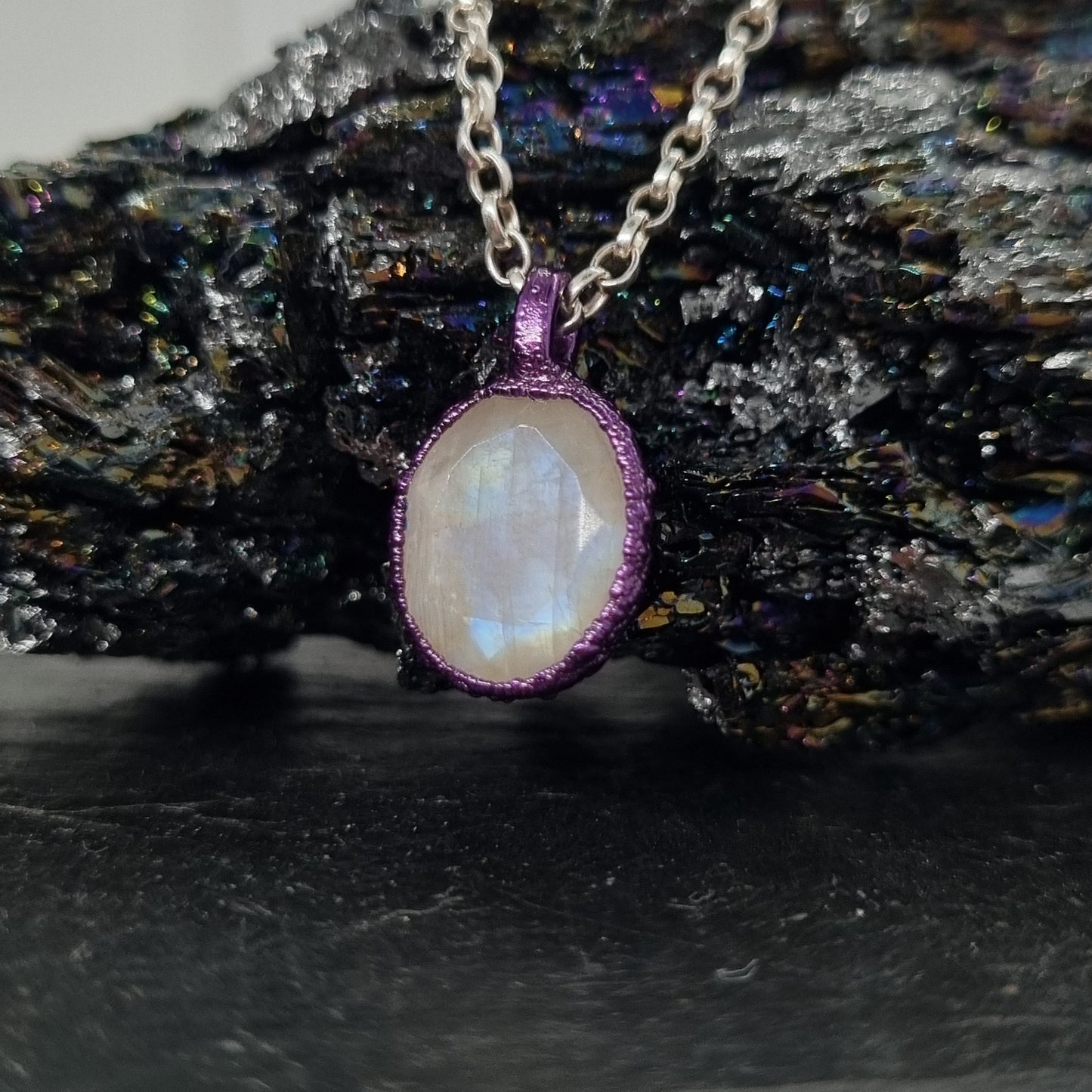 Moonstone Pebble Ceramic Coated Purple Necklace