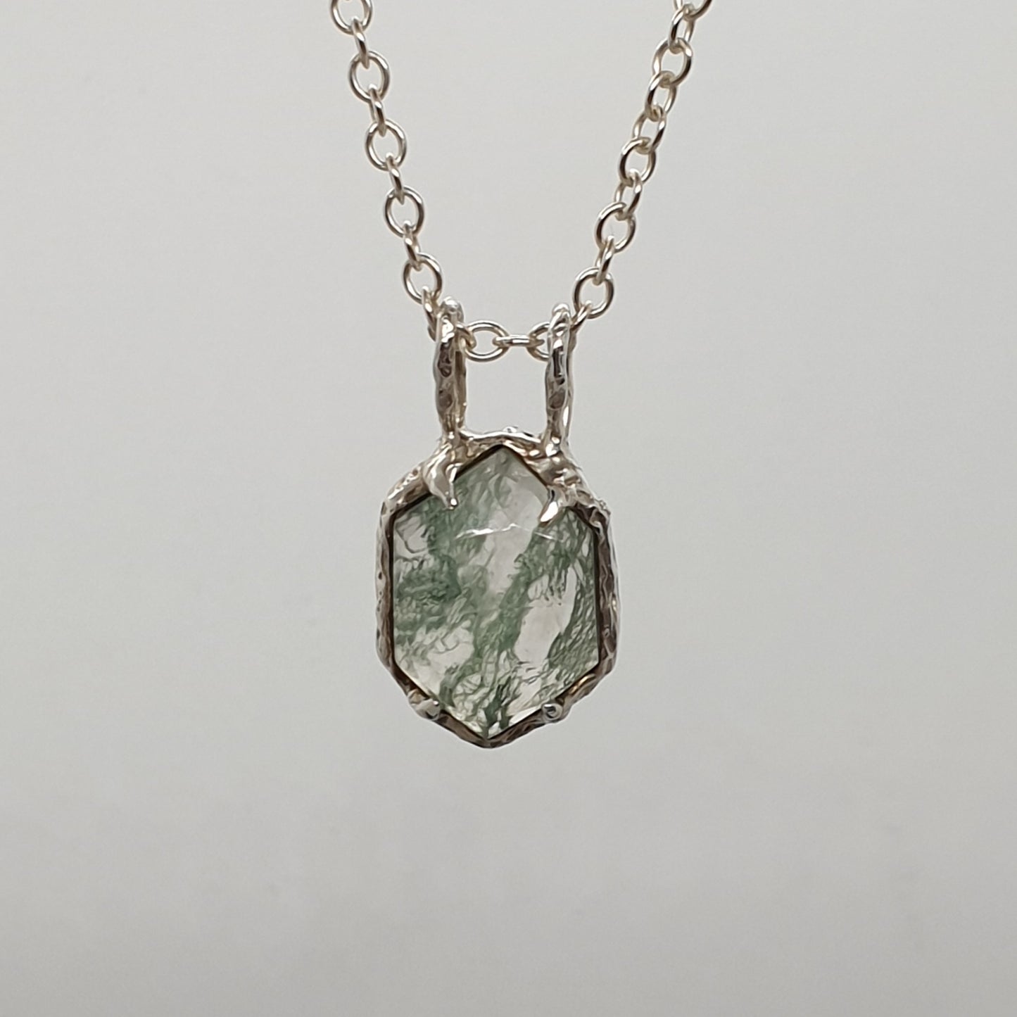 hexagon rose cut moss agate sterling silver necklace