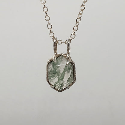 hexagon rose cut moss agate sterling silver necklace