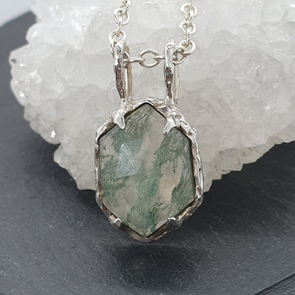 moss agate sterling silver necklace handmade in the UK by Jo Cooper